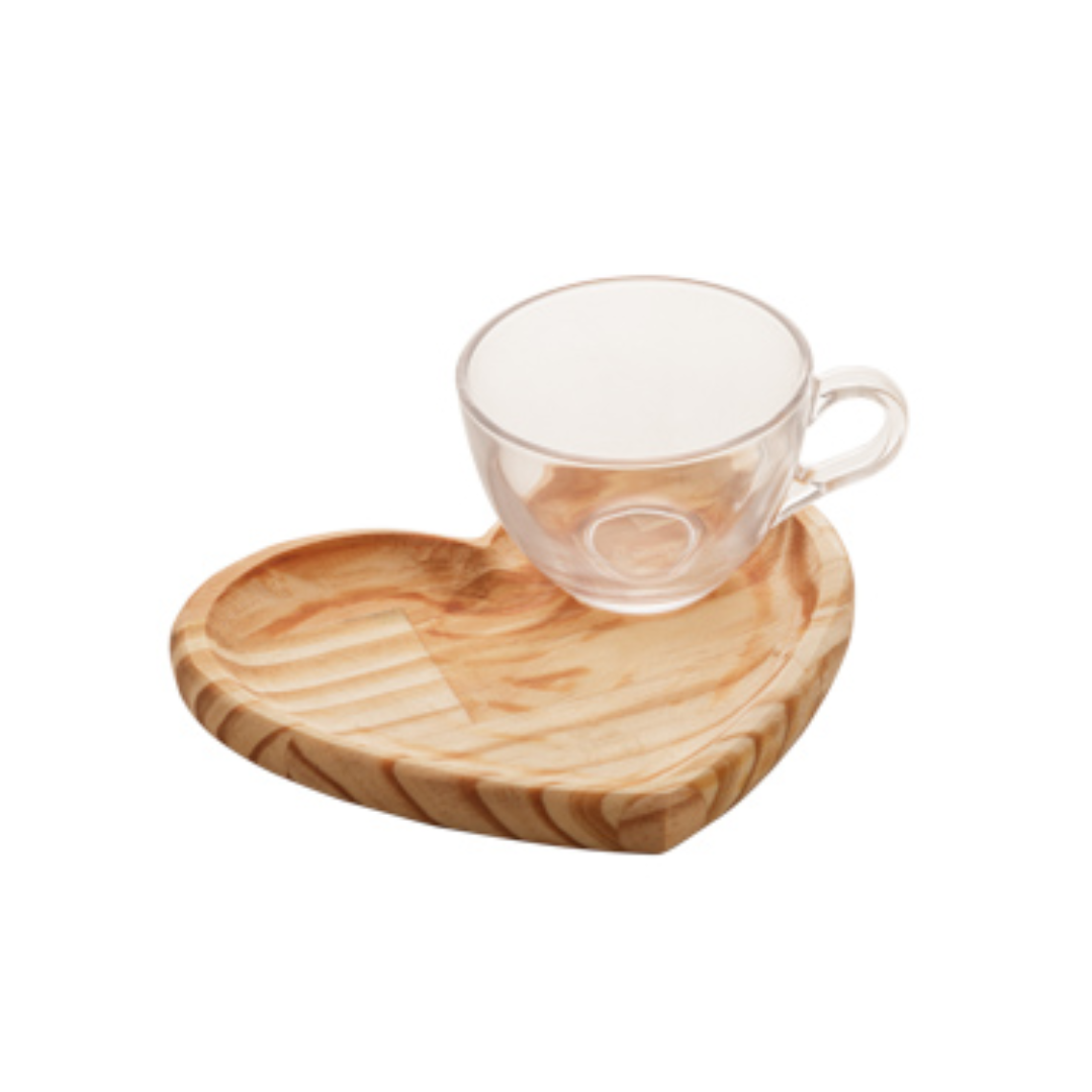 Xícara de Chá Coração com Prato Madeira Pinus 190ml