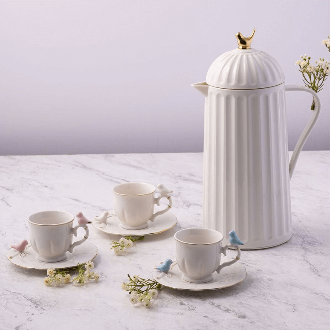 Jogo 6 Xicaras de Café em Porcelana Birds Round Plate Colorido 100ml