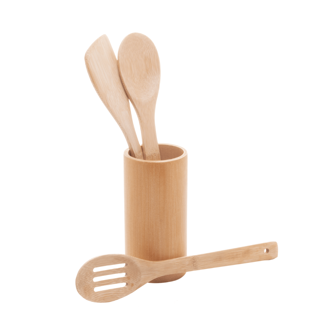 Conjunto de 3 Utensílios com Suporte de Bambu 30x8cm