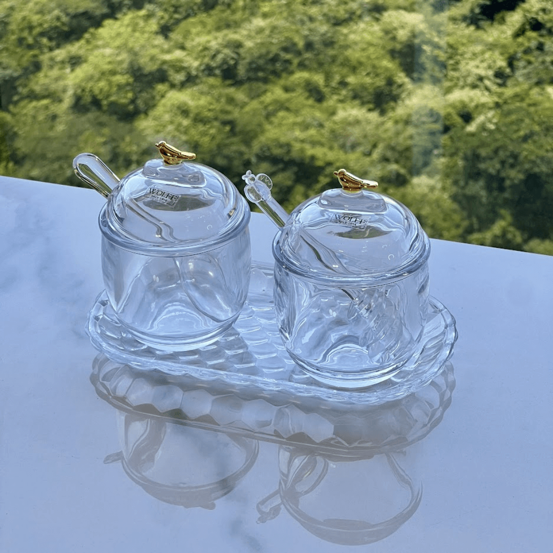 Açucareiro com Colher e Tampa de Cristal Golden Bird 150ml - Ela Decora