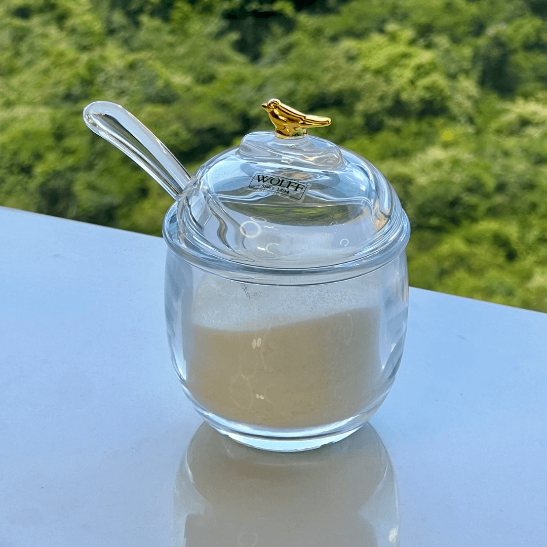 Açucareiro com Colher e Tampa de Cristal Golden Bird 150ml - Ela Decora