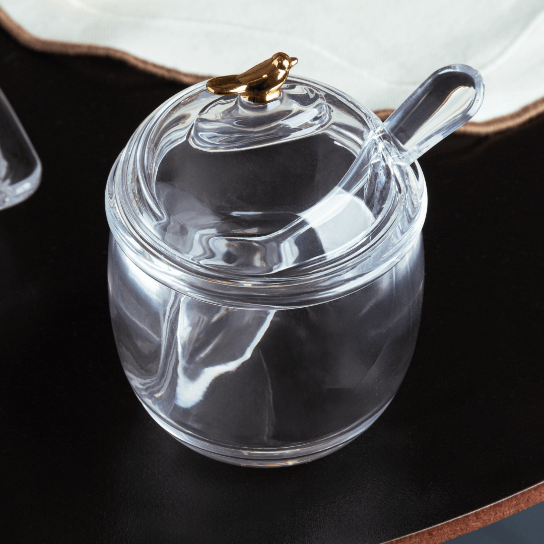Açucareiro com Colher e Tampa de Cristal Golden Bird 150ml - Ela Decora
