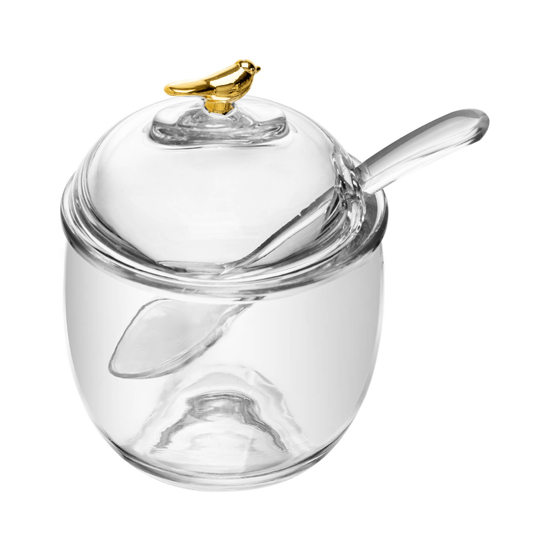 Açucareiro com Colher e Tampa de Cristal Golden Bird 150ml - Ela Decora