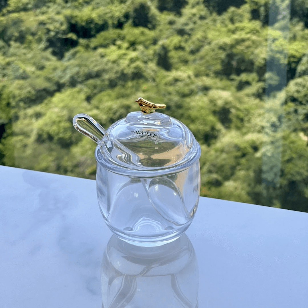Açucareiro com Colher e Tampa de Cristal Golden Bird 150ml - Ela Decora