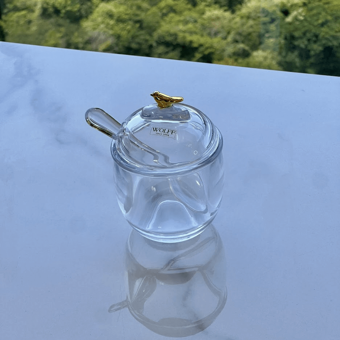 Açucareiro com Colher e Tampa de Cristal Golden Bird 150ml - Ela Decora