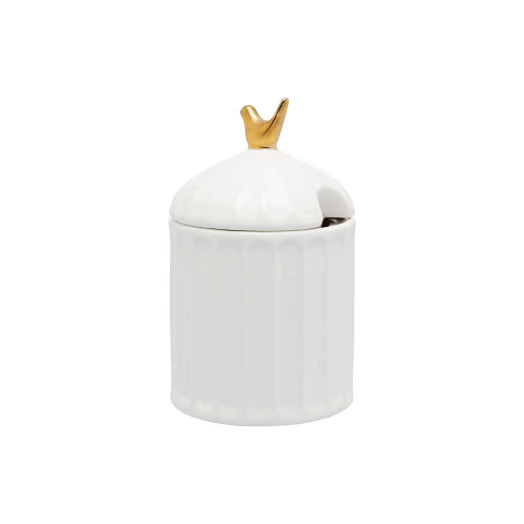 Açucareiro com Colher em cerâmica Branca 10,5cm Colibri - Ela Decora