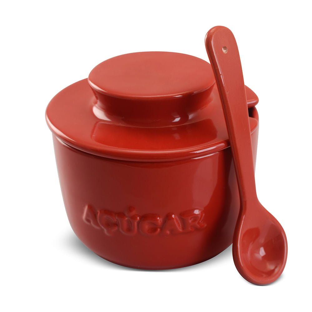 Açucareiro com Colher em Cerâmica Vermelho - Ela Decora
