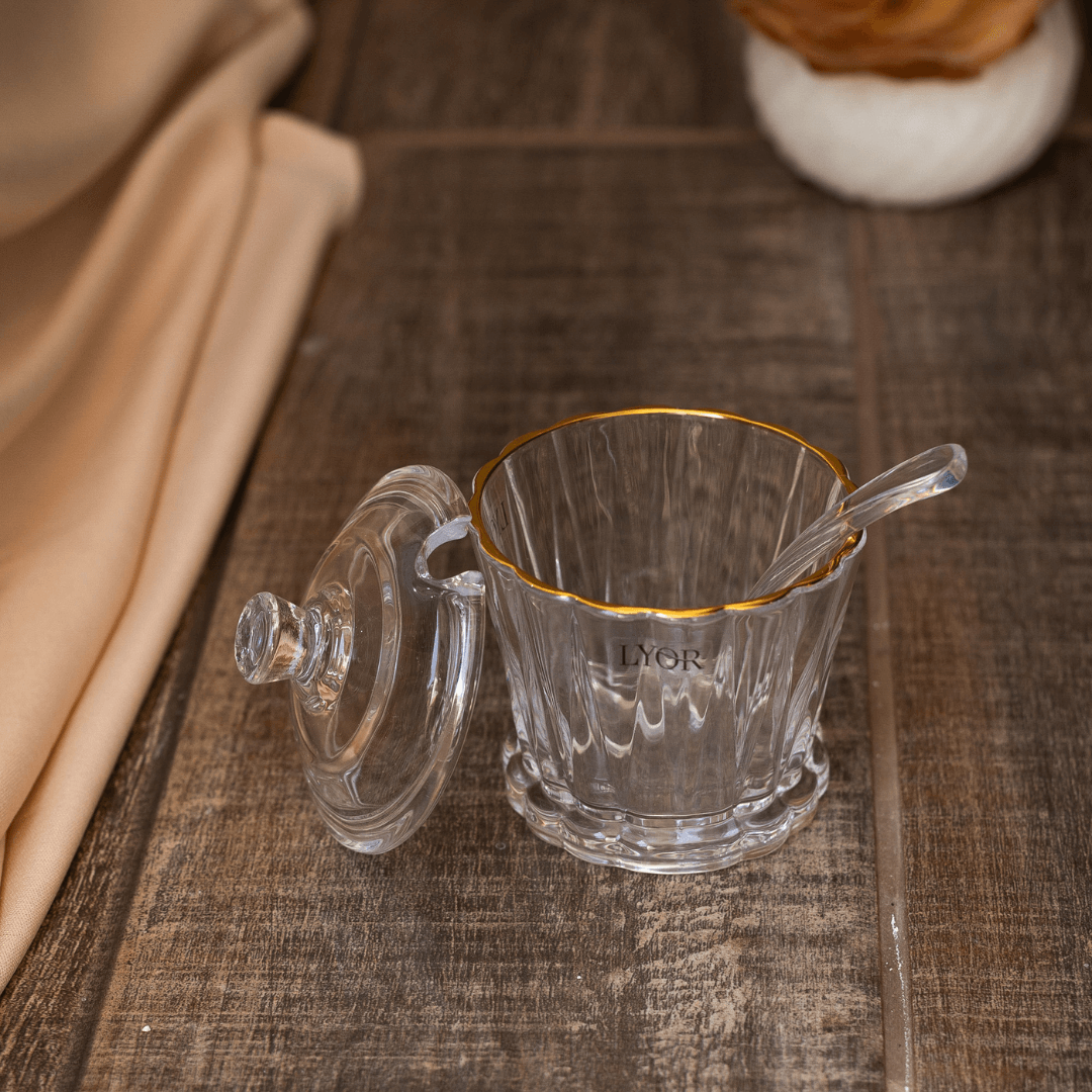 Açucareiro Radial em Cristal com Colher Fio de Ouro 210ml - Ela Decora