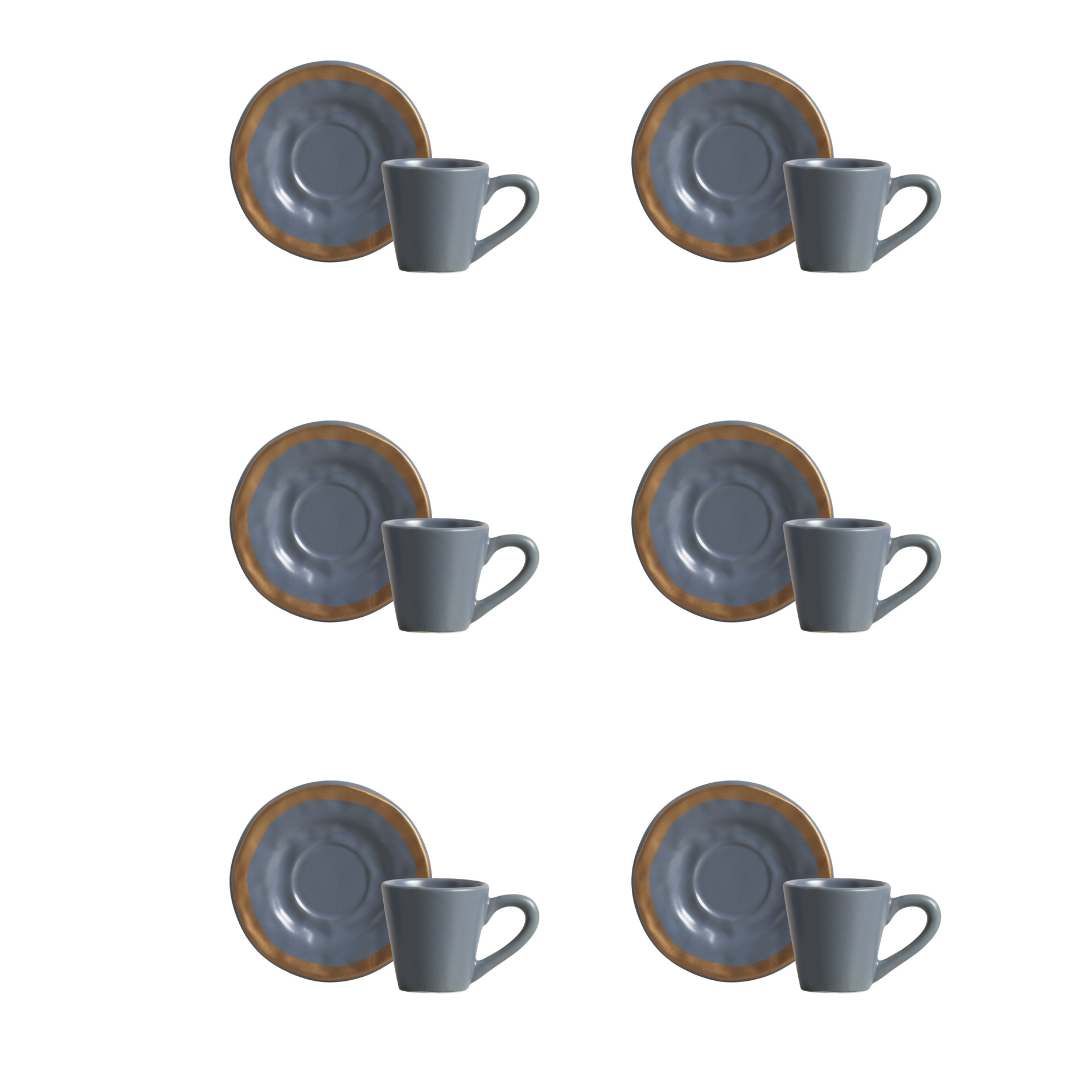 Jogo 6 Xicaras de Café com Pires Azul Filete Amassada 100ml