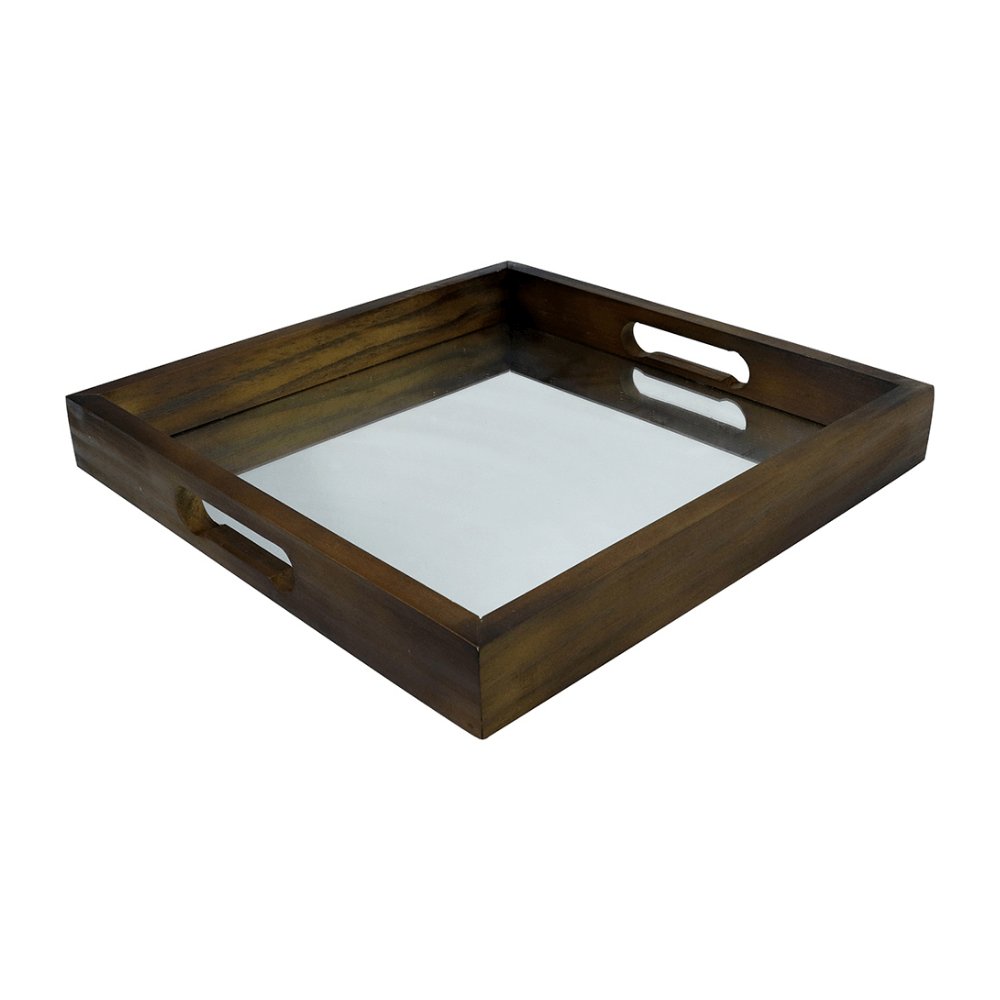 Bandeja de Madeira Natural com Espelho e Alça - 36 cm - Ela Decora