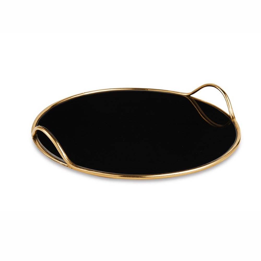 Bandeja Dourada em Metal com Espelho Preto Redonda - 35 cm - Ela Decora