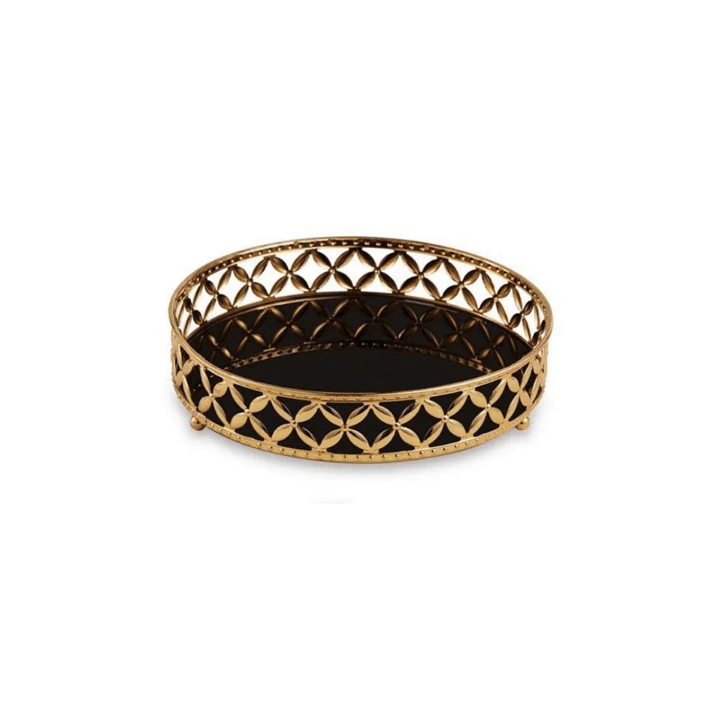 Bandeja Dourada em Metal com Espelho Preto Redonda - 5 x 17,5 cm - Ela Decora