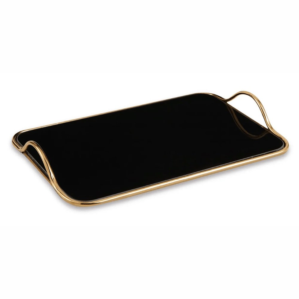 Bandeja Dourada em Metal com Espelho Preto Retangular - 46 cm - Ela Decora