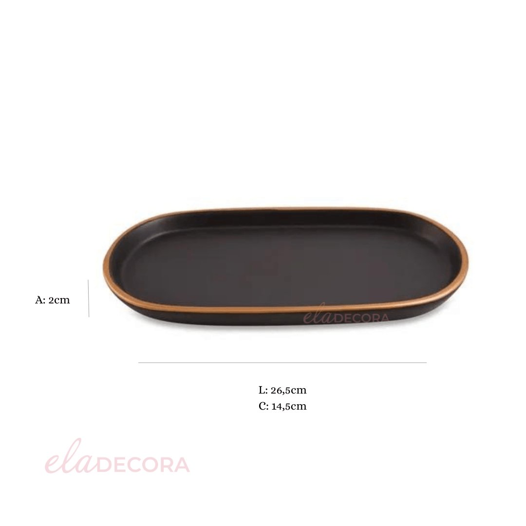 Bandeja em Cerâmica Preta com Borda Dourada 26,5cm - Ela Decora