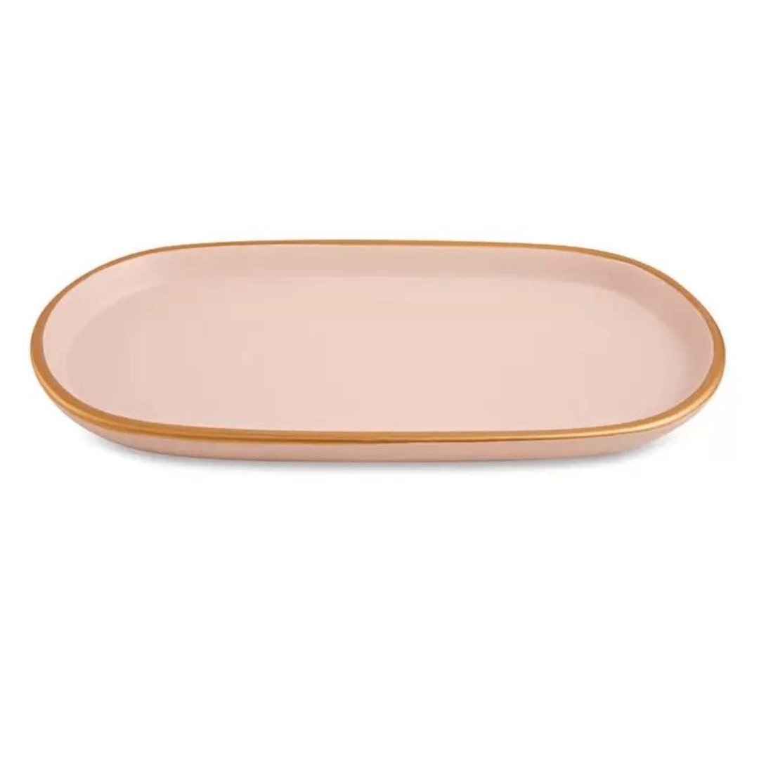 Bandeja em Cerâmica Rosa com Borda Dourada 26,5cm - Ela Decora