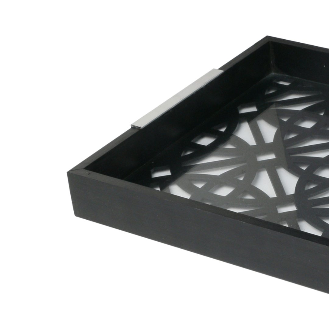 Bandeja em Madeira Com Vidro Geométrica Preta 47 x 32cm - Ela Decora