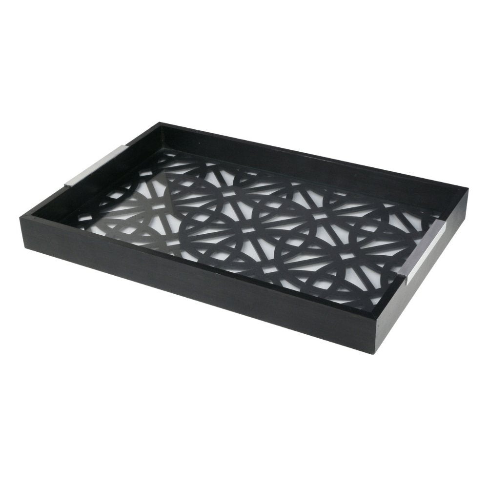 Bandeja em Madeira Com Vidro Geométrica Preta 47 x 32cm - Ela Decora