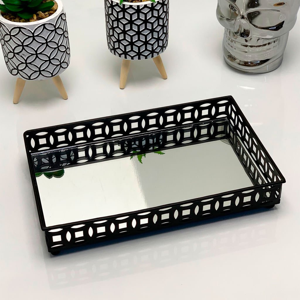Bandeja em Metal com Espelho Singapura Preto 21cm - Ela Decora