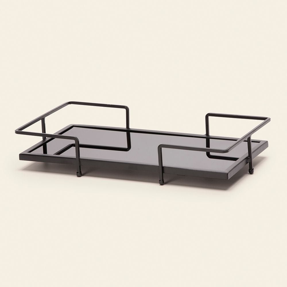 Bandeja em Metal com Vidro Preto 29cm - Ela Decora