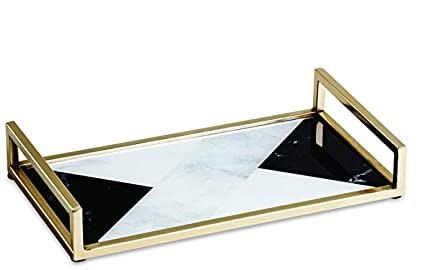 Bandeja em Metal Marmorizado Preto Branco Dourado P 35cm - Ela Decora