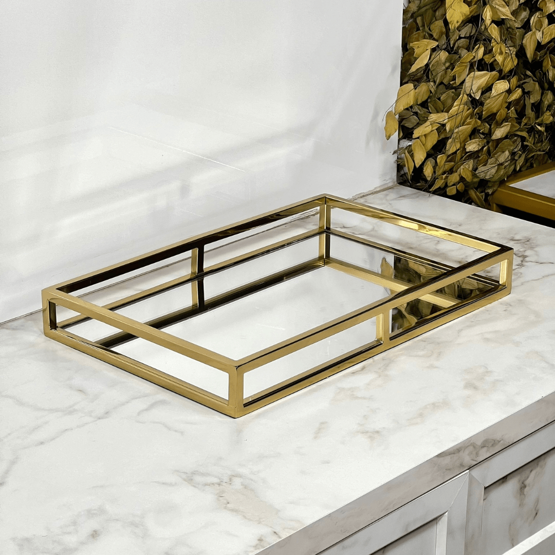Bandeja Espelhada Aço Inox Dourado 41cm x 26cm x 5cm - Ela Decora