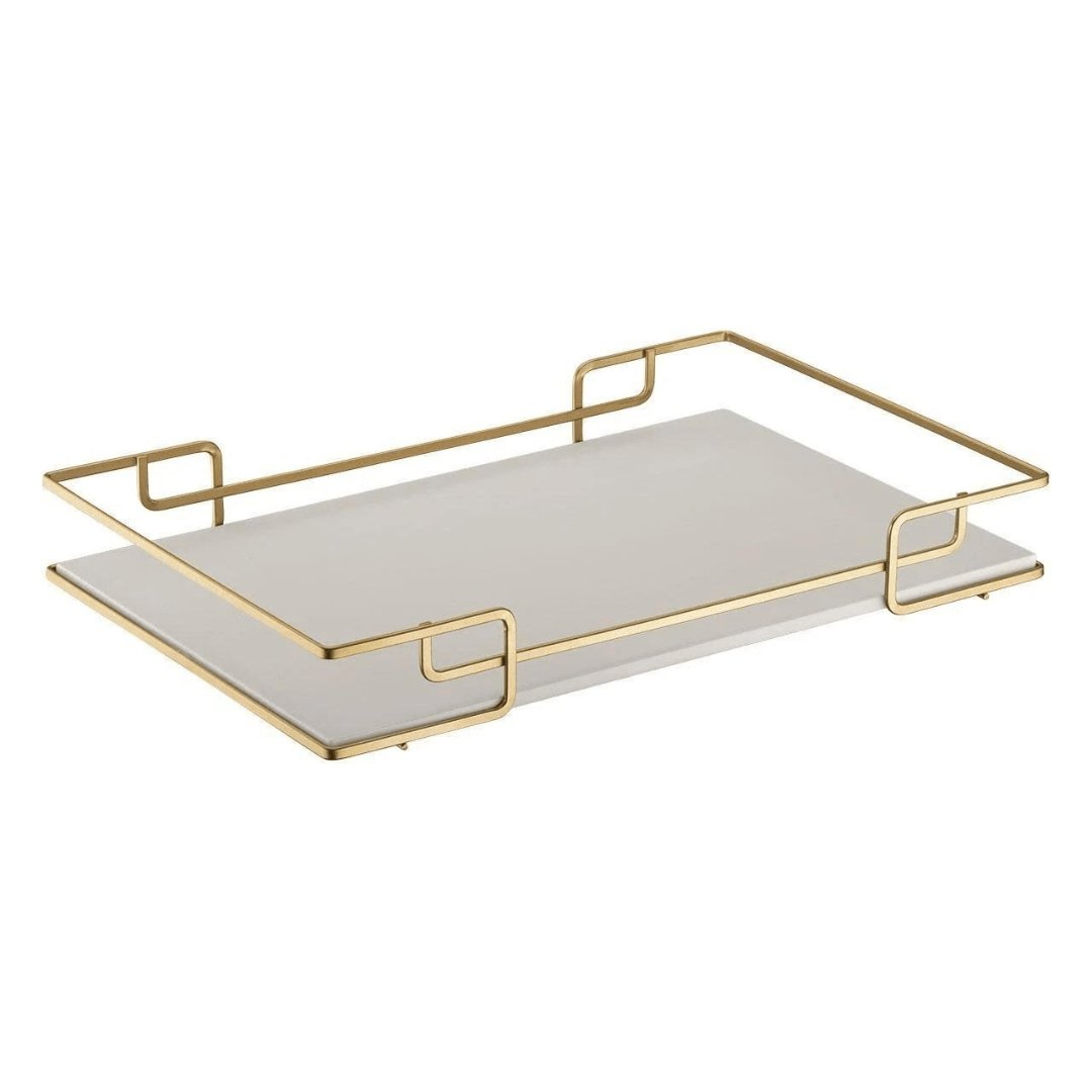 Bandeja Luana com Base de Couro Dourado e Bege 40cm x 30cm - Ela Decora