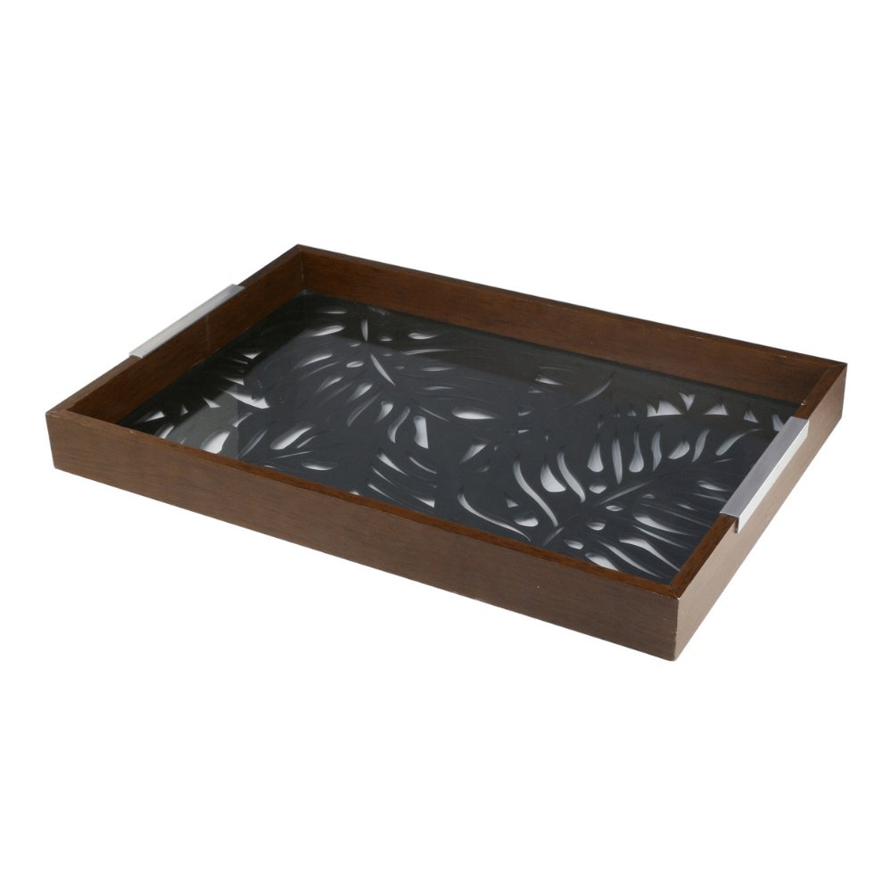 Bandeja Madeira Com Vidro Adam Preta 47 x 32 cm - Ela Decora