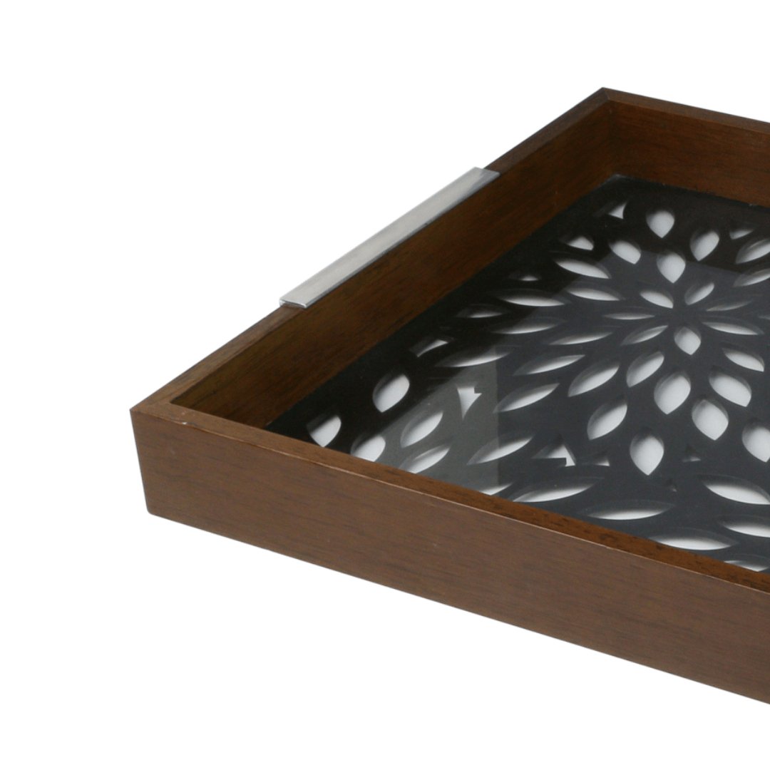 Bandeja Madeira com Vidro Flowers Preta 47 x 32 cm - Ela Decora