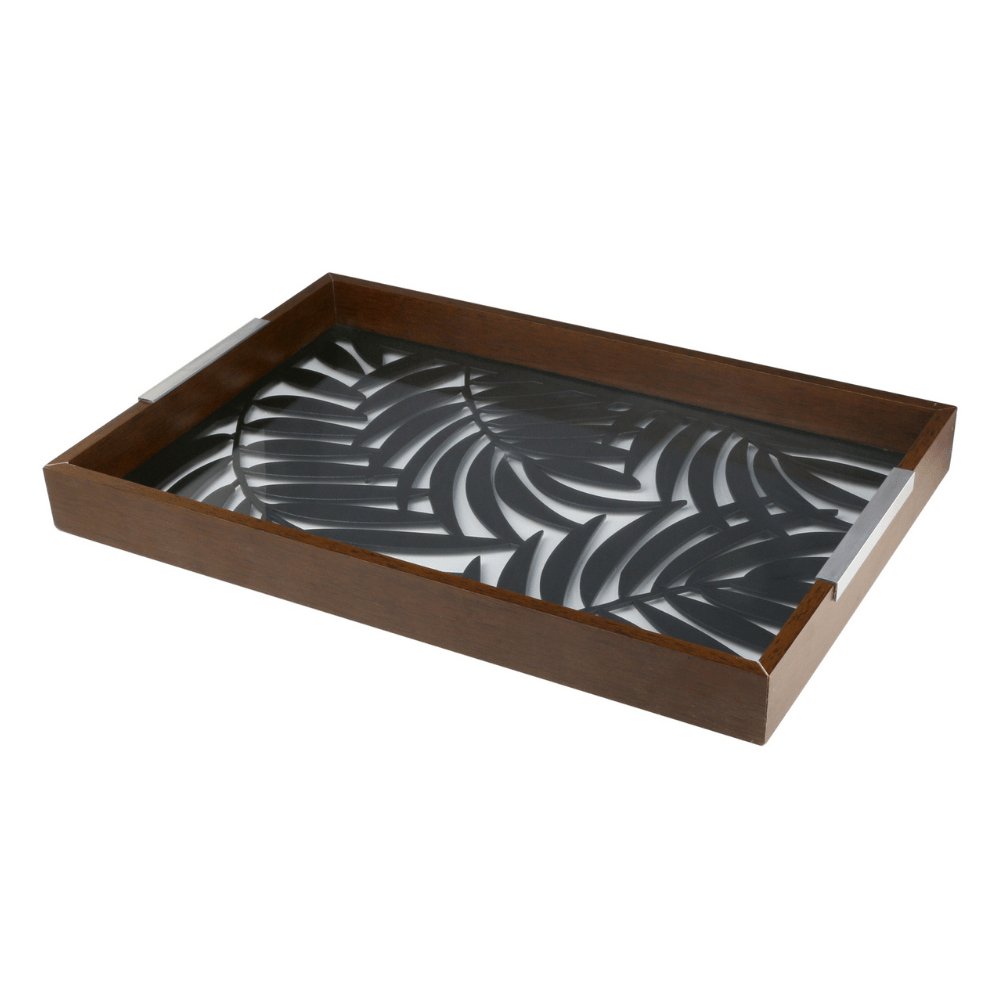 Bandeja Madeira Com Vidro Leaves Preta 47 x 32 cm - Ela Decora