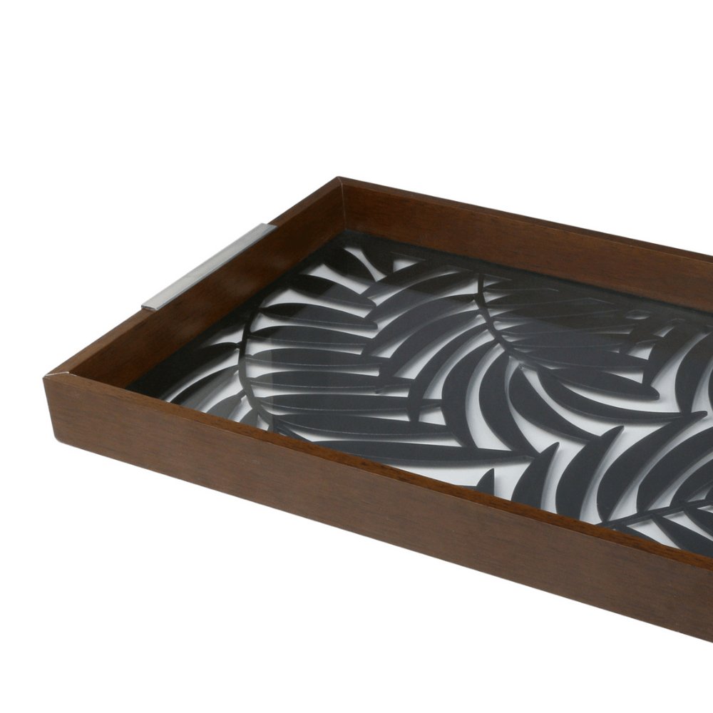Bandeja Madeira Com Vidro Leaves Preta 47 x 32 cm - Ela Decora