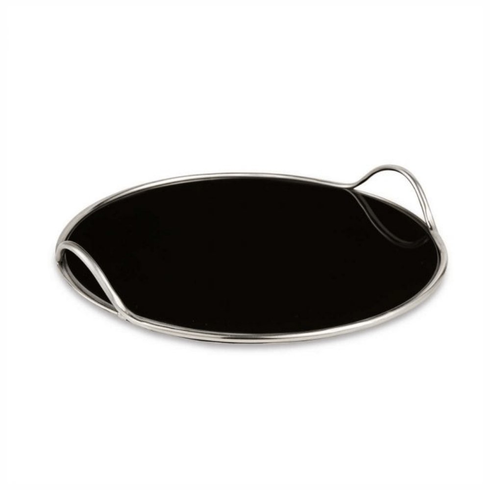 Bandeja Prata em Metal com Espelho Preto Redonda - 35 cm - Ela Decora