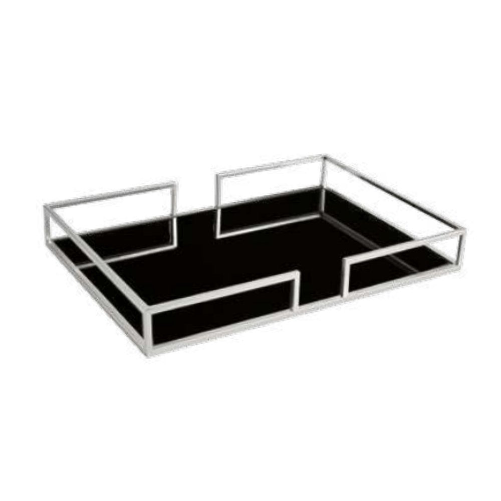 Bandeja Prata em Metal Cromado com Espelho Preto - 35 x 50 cm - Ela Decora