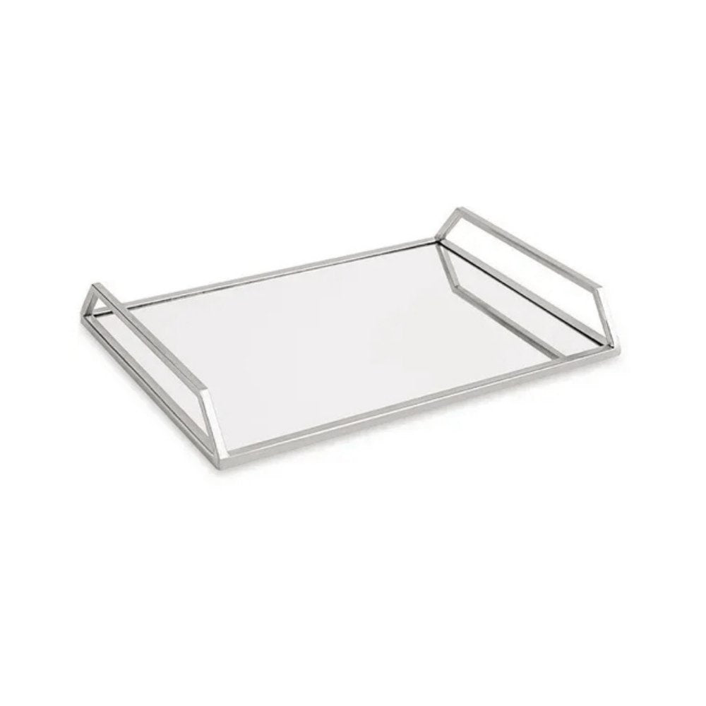 Bandeja Prata em Metal Interior Espelhado Retangular com Alça - 29 cm - Ela Decora