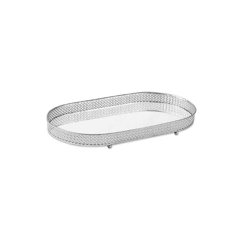 Bandeja Prata Oval Em Metal Com Espelho P - 28 cm - Ela Decora