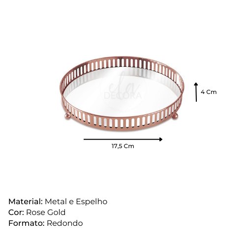 Bandeja Redonda em Metal com Espelho Rose Gold 17,5cm - Ela Decora
