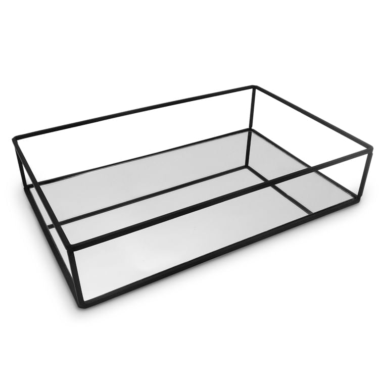 Bandeja Retangular Geométrica Espelhada Preta 39cm - Ela Decora