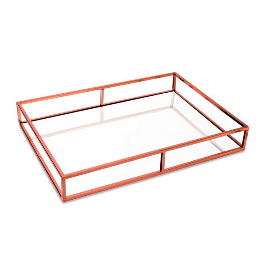 Bandeja Rose Gold em Metal Com Espelho - 26 x 40 cm - Ela Decora
