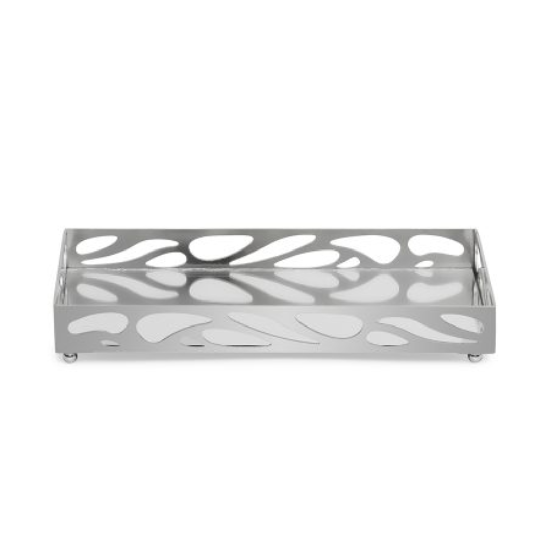 Bandeja retangular metal cromada com alças e acabamento espelhado leaf