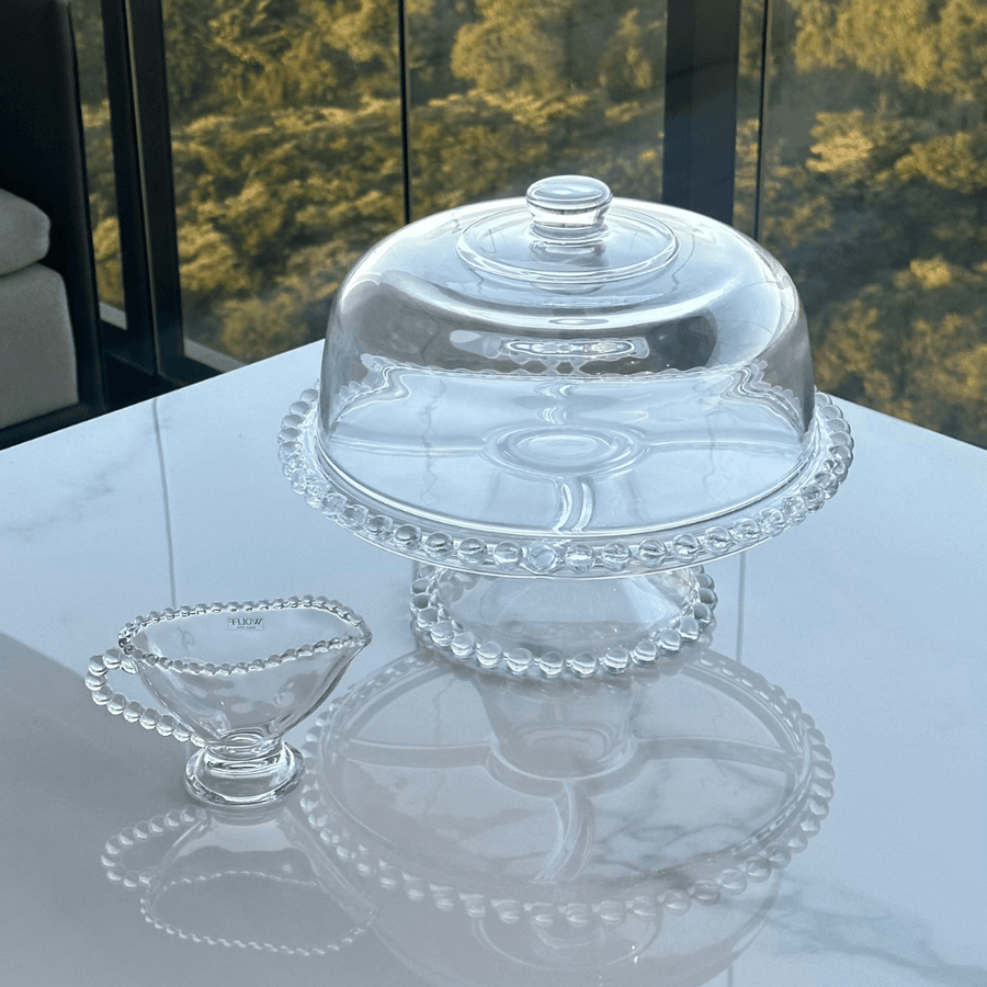 Boleira de cristal Pearl com cúpula e molheira em vidro pé alto