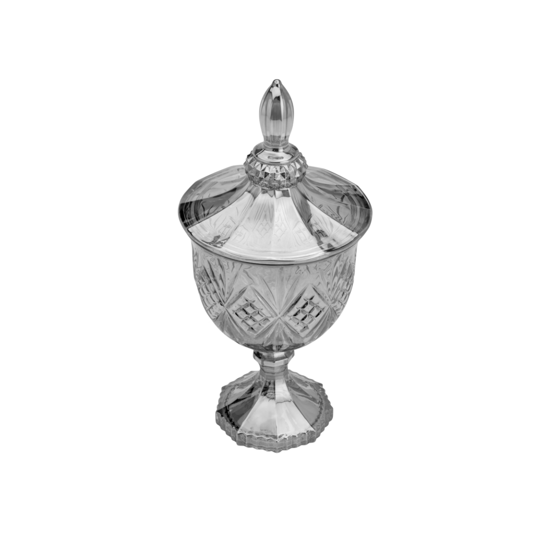 Bomboniere Potiche com Pé De Cristal Dublin Cinza Metalizado 24,5 cm - Ela Decora