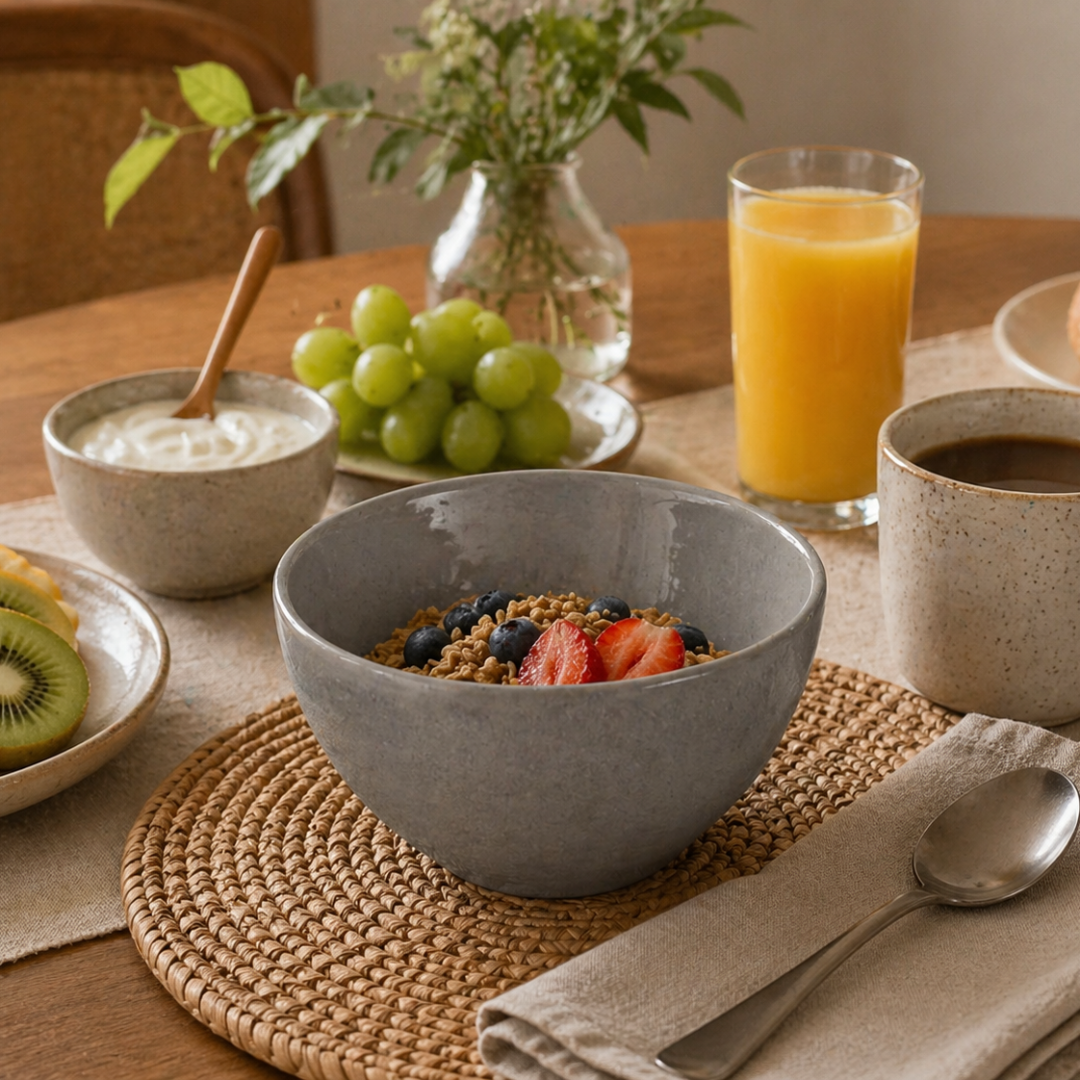Bowl cinza com granola, frutas vermelhas e iogurte em mesa de café da manhã