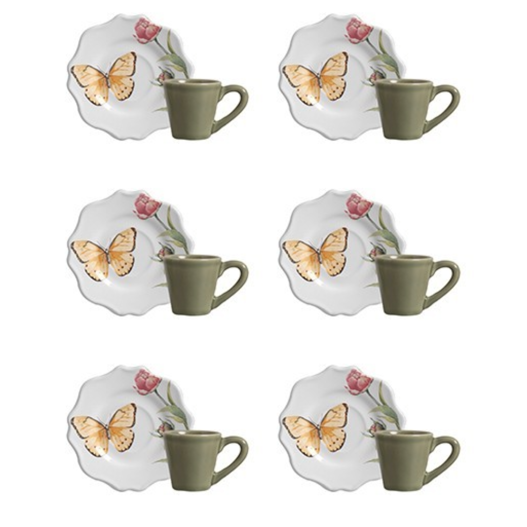 Jogo 6 Xicaras de Café com Pires Butterfly 100ml