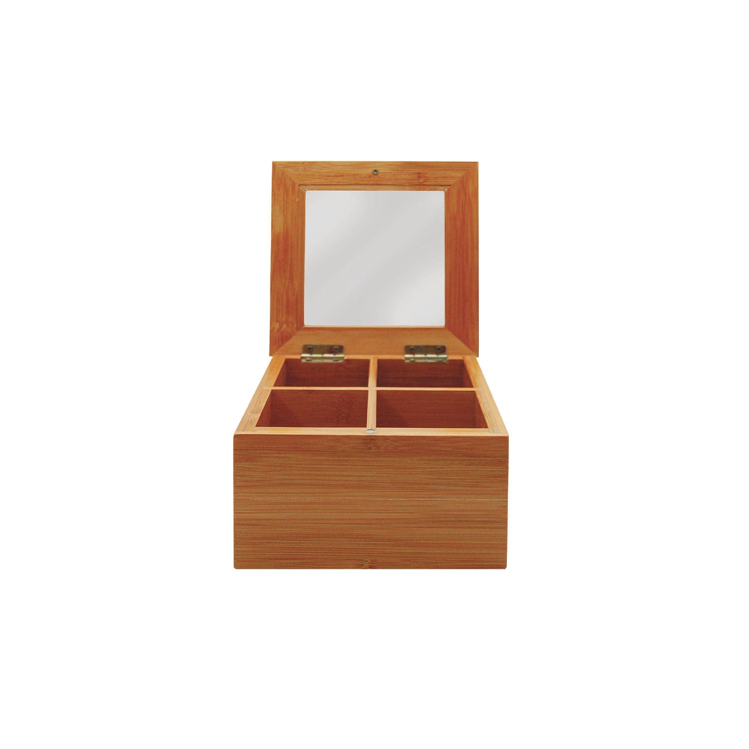 Caixa de Chá com 4 Divisórias em Bambu e Visor 16cm x 15cm x 9cm - Ela Decora