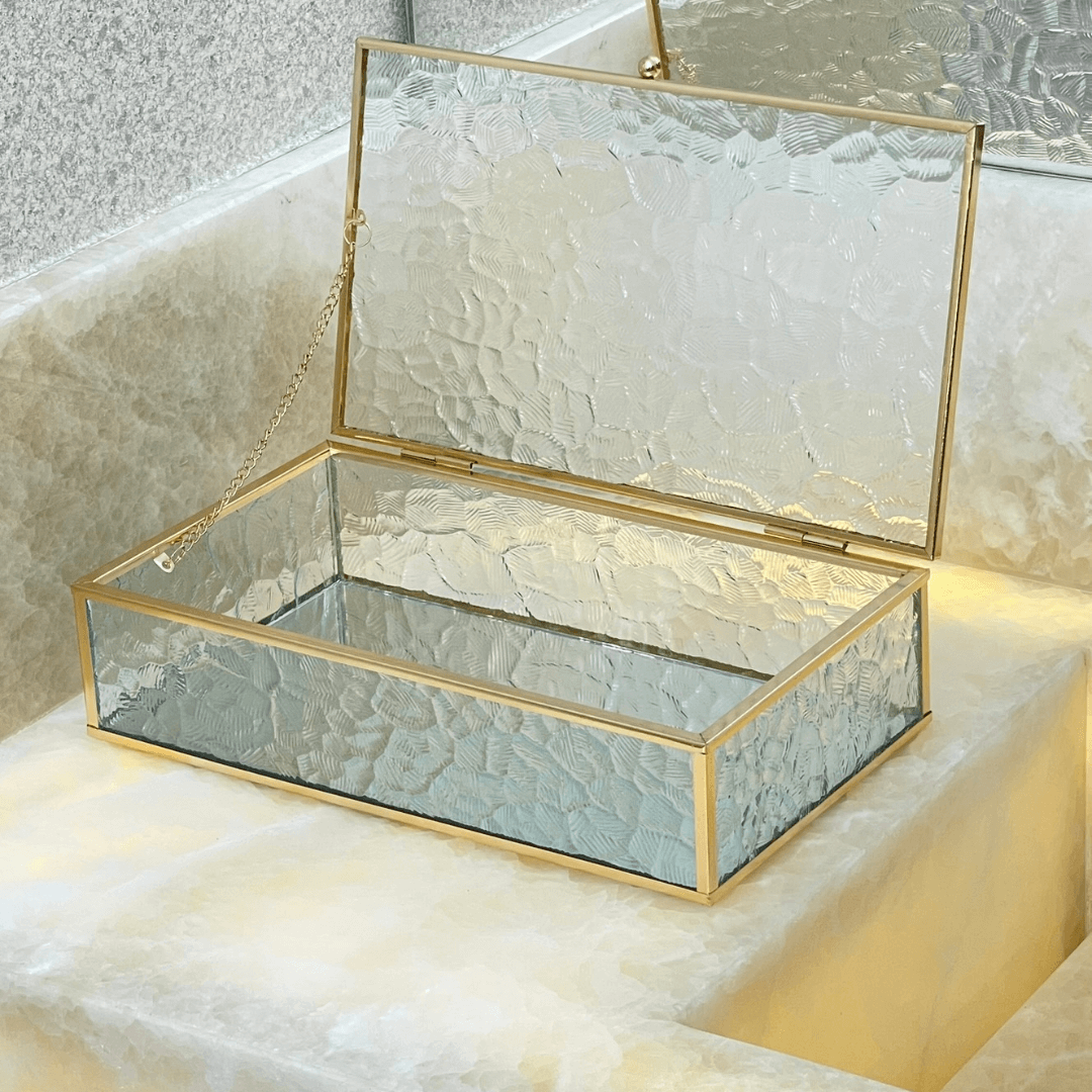 Caixa de Vidro e Metal Dourado 25cm G - Ela Decora