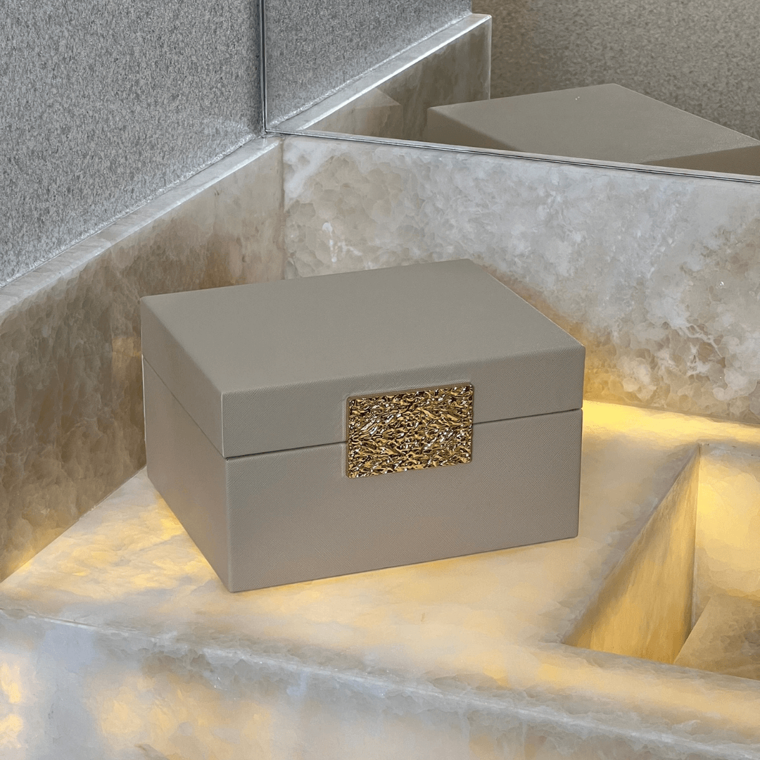 Caixa Decorativa em MDF e PU Bege 20,6cm P - Ela Decora