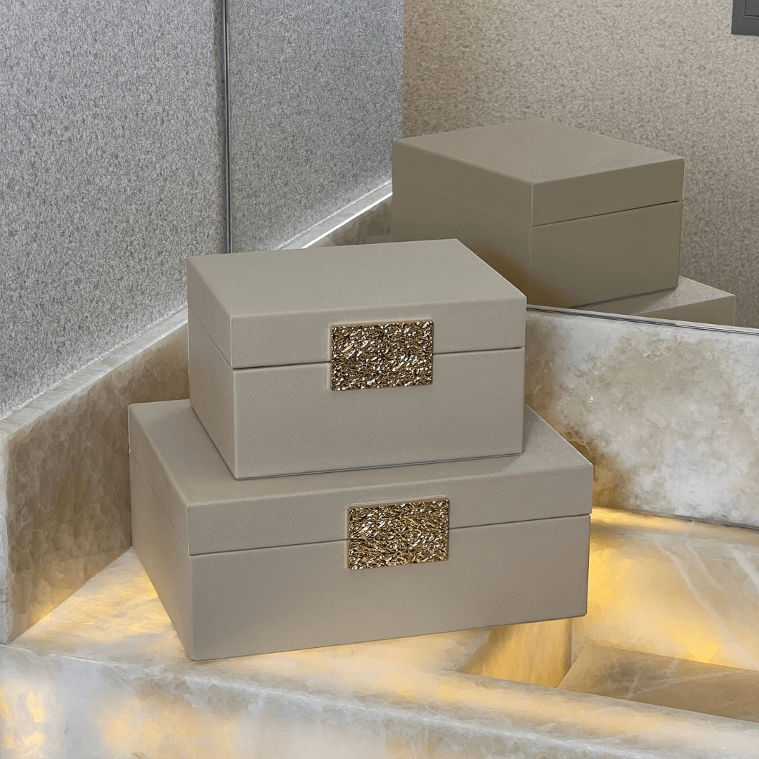 Caixa Decorativa em MDF e PU Bege 28,5cm G - Ela Decora