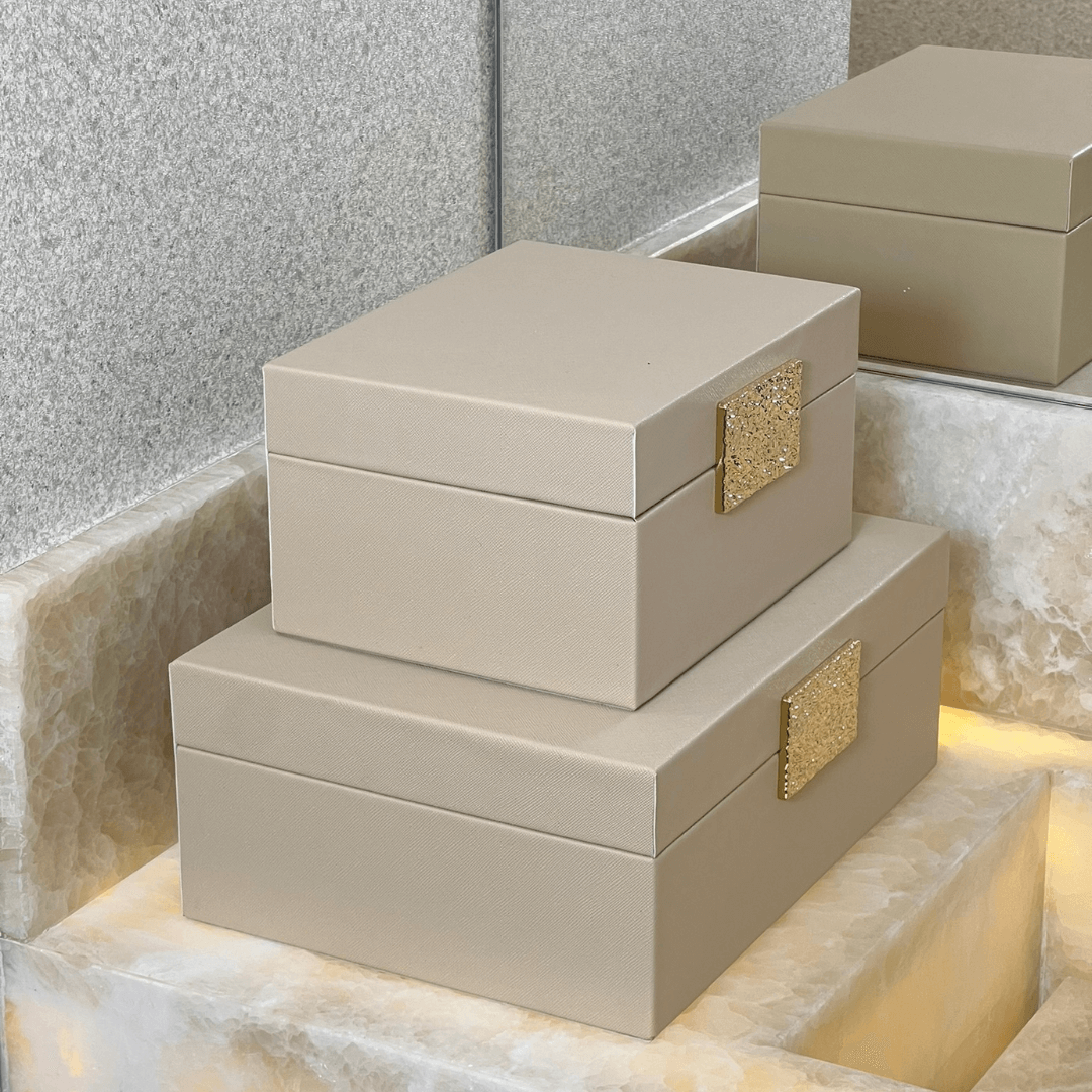 Caixa Decorativa em MDF e PU Bege 28,5cm G - Ela Decora