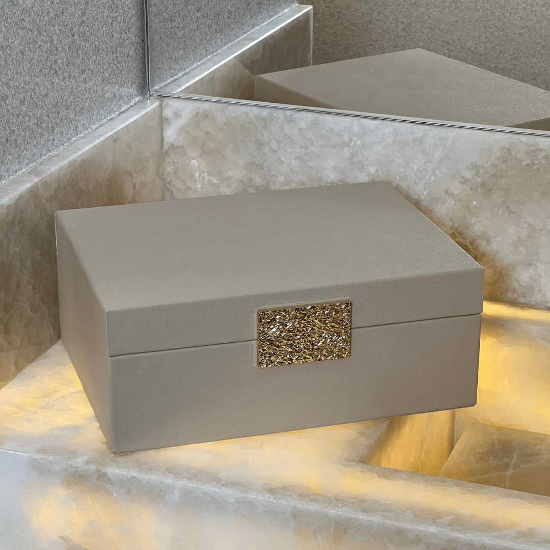 Caixa Decorativa em MDF e PU Bege 28,5cm G - Ela Decora