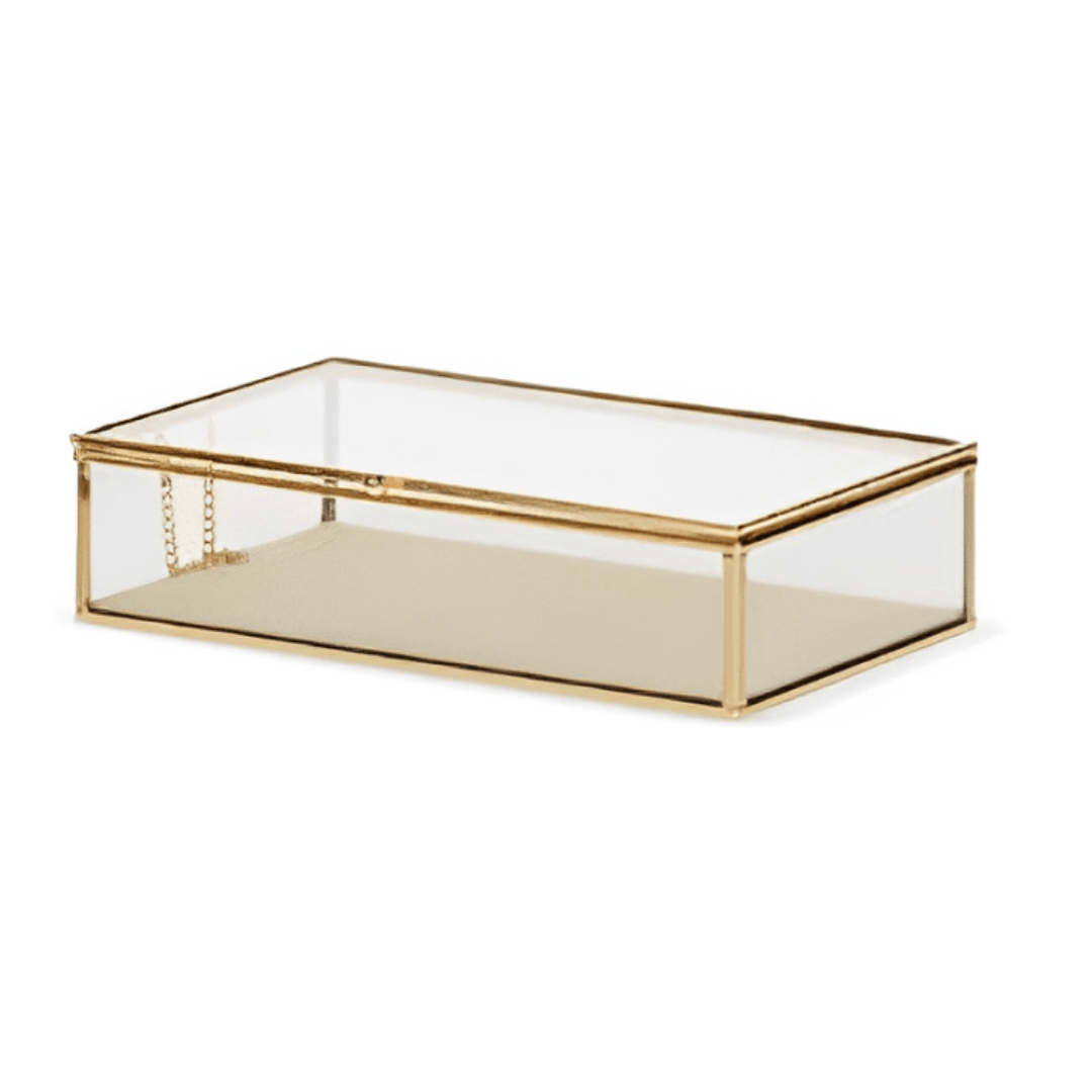 Caixa em Vidro com Metal Dourado e Linho 25cm G - Ela Decora