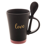 Caneca Cerâmica Love com Colher Preto e Rosa 310ml - Ela Decora